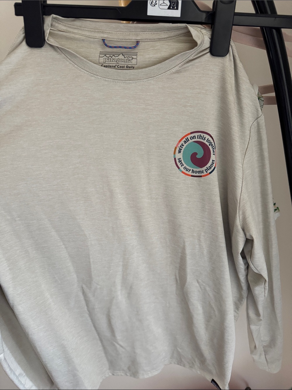 Patagonia Kids Long-Sleeve Tee in Light Beige with Teal and Maroon Graphic